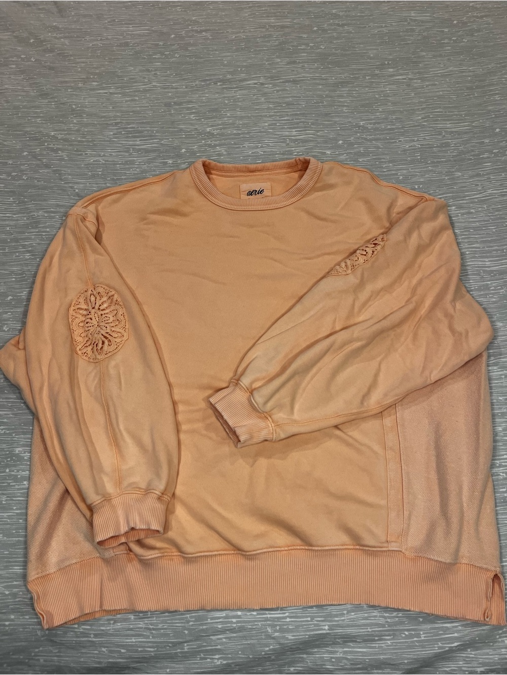 aerie Peach Crewneck Sweater with Lace Elbow Patches